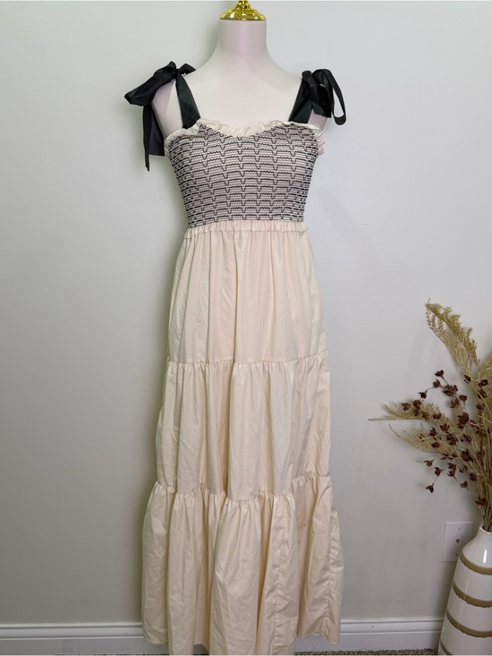 Dresses & Skirts - Smocked Bodice Tie-Shoulder Maxi Dress — Cream with Black Details Size Small